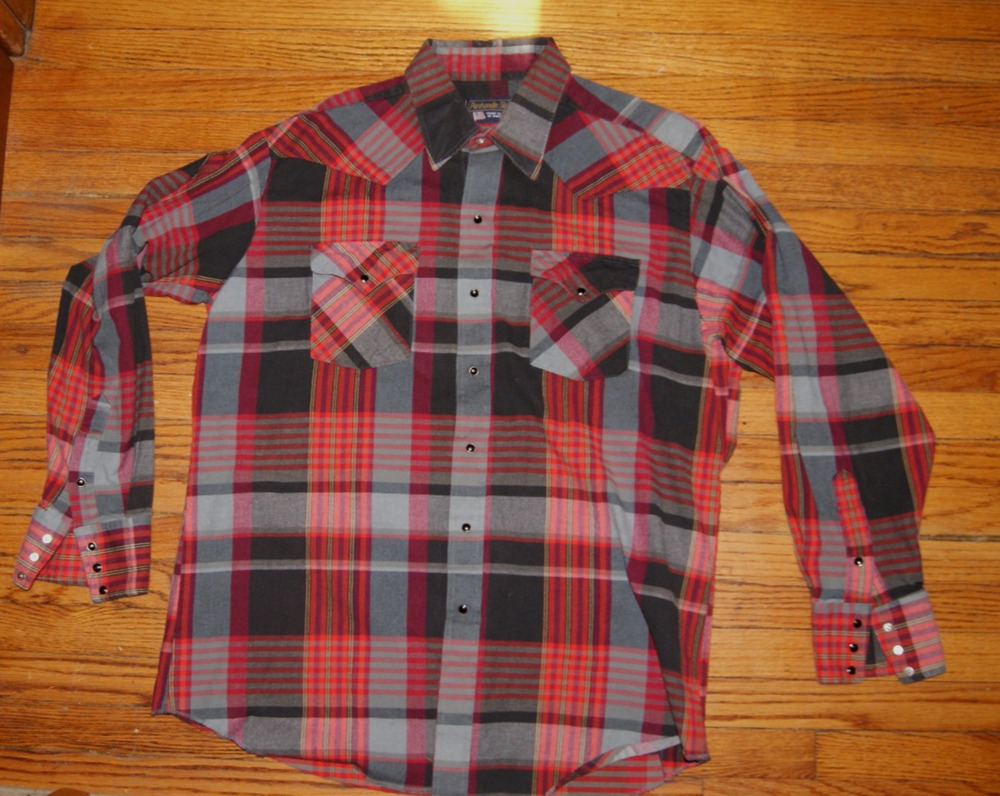 VTG Panhandle Slim Red Black Gray Plaid Pearl Snap LS Mens XL (17.5-35) Shirt